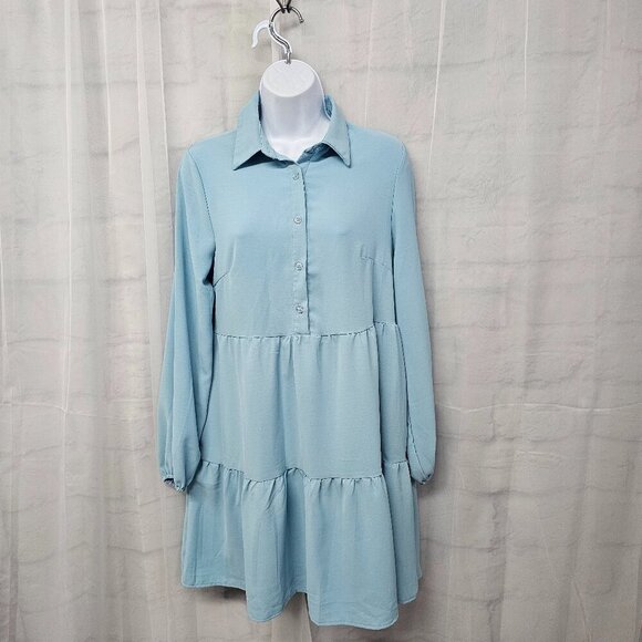 NWT Roylamp Blue Boho Shirt Dress Tiered Minimalist S - Picture 1 of 13